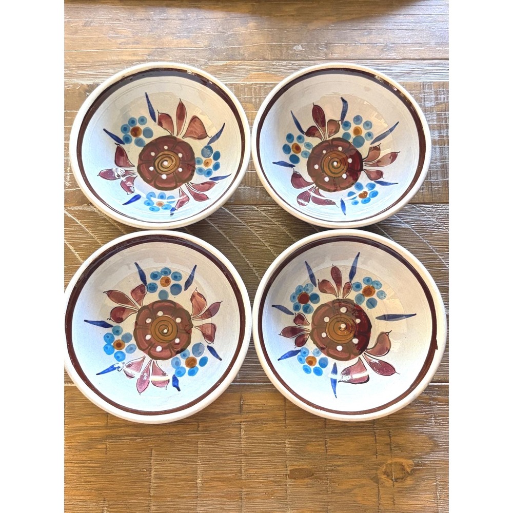 4 Vintage Small Hand Painted Mexican Folk Art Pottery Bowls Blue Brown Floral